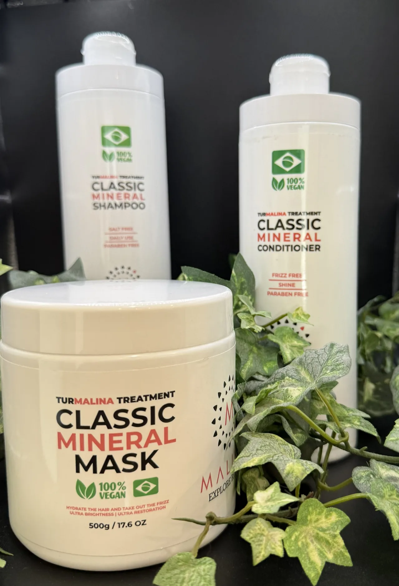 Malina shampoo, conditioner, and mask on the Shortino's retail shelf