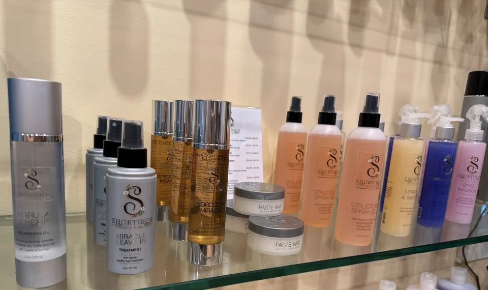 Shortino's private-label styling products on the shelf