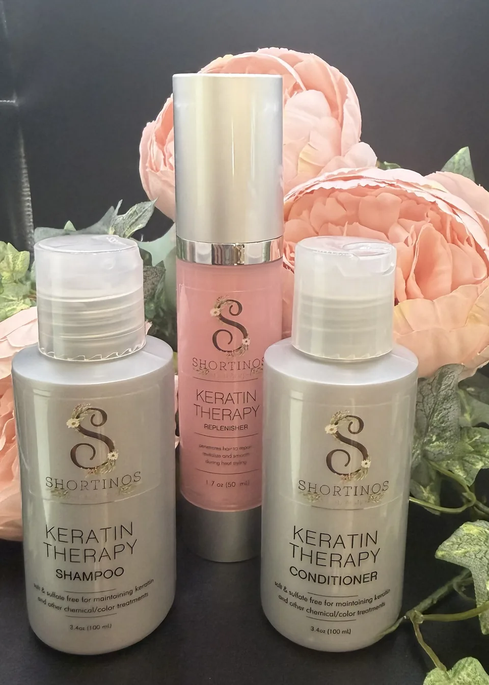 Keratin Therapy travel set: shampoo, conditioner, and replenisher